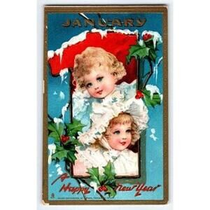 Vintage 1907-1915 Girls Raphael Tuck Happy New Year Postcard January Litho 601